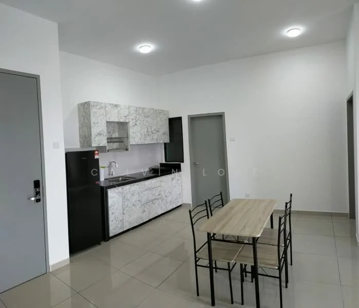 Kitchen features: white marble countertop, white cabinetry with flat-panel doors, black built-in oven, black refrigerator, stainless-steel sink, chrome pull-down faucet, ceramic tile flooring, recessed ceiling lights, dining table with four black chairs, open layout, wall-mounted cabinets, black glass backsplash; style: modern. Dining features: dining table with four black chairs; style: modern.