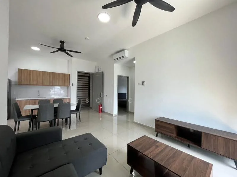 Living features: grey fabric sofa, 2-seater sofa, wooden coffee table, TV console, wall-mounted TV, ceiling fan, recessed downlights, white painted walls, glossy tile flooring, open-plan layout, dining area adjacent, air conditioning unit; style: modern. Dining features: 6-seater dining table, grey upholstered dining chairs, wooden cabinetry, kitchen counter, white backsplash; style: modern.