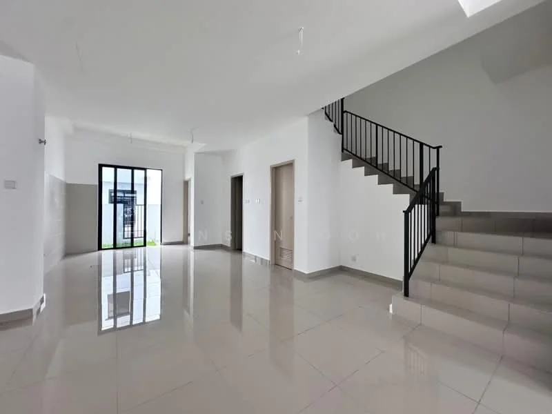 Room features: white painted walls, grey tiled flooring, staircase with black metal railing, large windows, natural light, high ceiling, open layout, corner space; style: modern; view: garden.