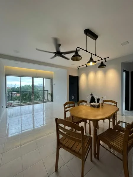 Dining features: round wooden dining table, 4 wooden dining chairs, 5-blade ceiling fan with integrated LED light, large sliding glass door, floor-to-ceiling windows, white painted walls, glossy white tile flooring, recessed downlights, balcony view; style: modern; view: city.