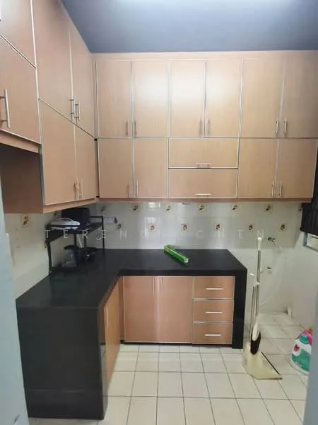 Kitchen features: light wood cabinetry, black countertop, ceramic tile flooring, white tiled backsplash, built-in coffee machine, single-bowl stainless-steel sink, chrome faucet, wall-mounted cabinets, under-cabinet lighting, kitchen broom, green cleaning bottle; style: modern.