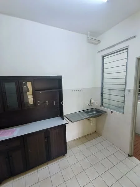 Kitchen features: single-bowl stainless-steel sink, chrome faucet, dark wood cabinetry, white tiled backsplash, white walls, tile flooring, window with metal grille, countertop, built-in cabinet, open shelving; style: modern.