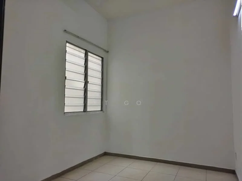 Room features: white painted walls, tile flooring, sliding window, natural light from window.