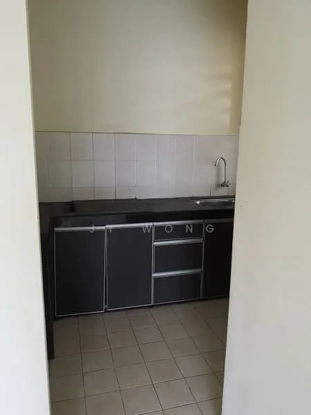 Kitchen features: black granite countertop, stainless-steel sink, chrome faucet, dark cabinetry, tile backsplash, ceramic tile flooring, wall-mounted cabinets, under-cabinet lighting; style: modern.