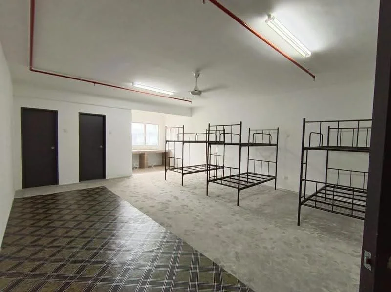 Room features: white painted walls, concrete flooring, ceiling fan, two doors, large window, bunk beds, desk or table, striped pattern flooring; style: minimalist.