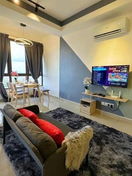 Living features: 3-seater fabric sofa in grey, red accent cushions, area rug with geometric pattern, wall-mounted TV, floating TV console, recessed downlights, floor-to-ceiling windows, sheer curtains, air conditioning unit, dining table with chairs, decorative wall with two-tone paint; style: modern; view: city.