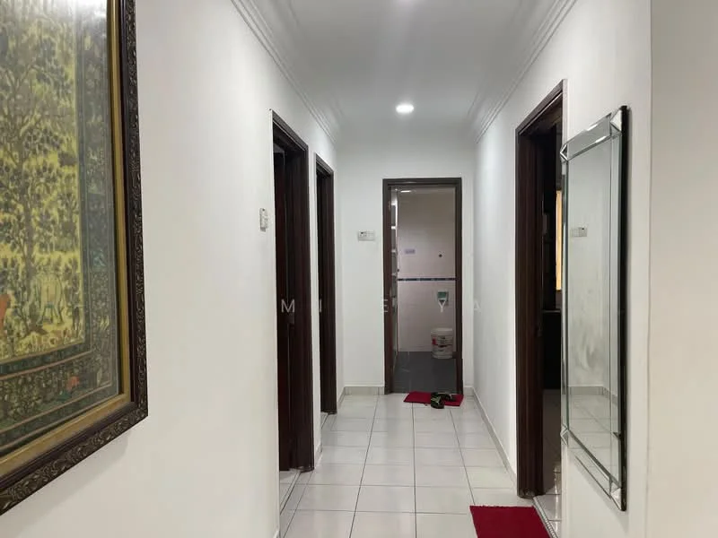Hallway features: white painted walls, ceramic tile flooring, crown moulding, recessed downlights, framed artwork on wall, mirror on wall, red doormat, doorways leading to rooms; style: modern.