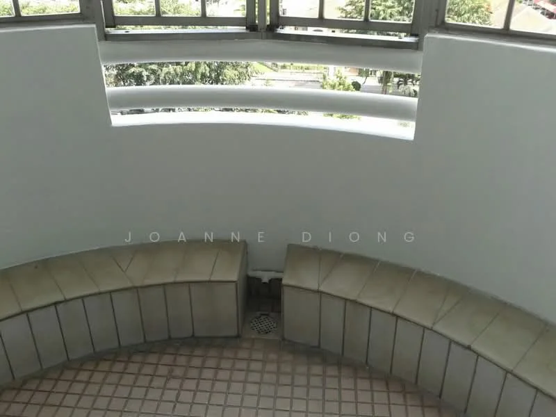 Room features: curved wall, white painted walls, large windows, tile flooring, built-in seating, drainage outlet, natural light, view of greenery; style: modern; view: garden.