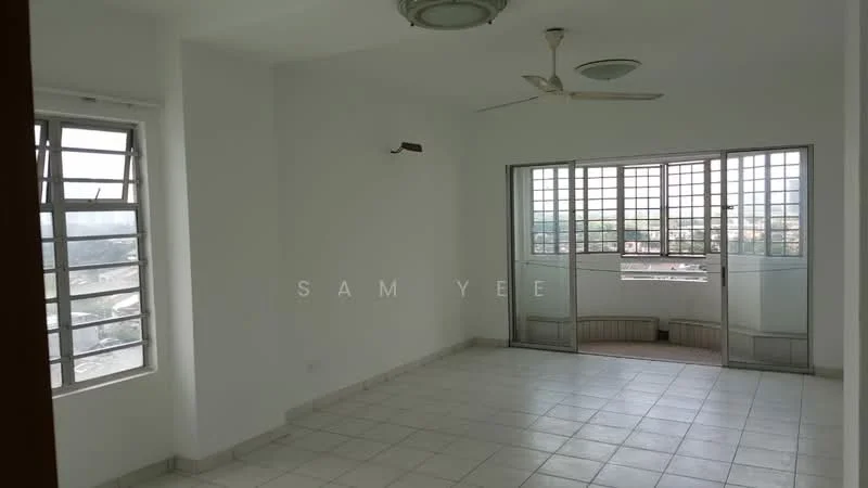 Room features: white painted walls, tile flooring, ceiling fan, large windows with metal grilles, sliding glass doors, view of city skyline, natural light, corner layout; style: modern; view: city.
