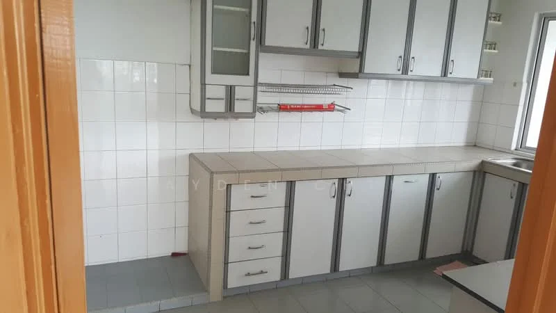 Kitchen features: white tiled walls, grey laminate cabinetry, flat-panel cabinet doors, countertop with beige tiles, stainless-steel sink, single-basin sink, window above sink, open shelving, grey tiled flooring, metal rack for storage; style: modern.