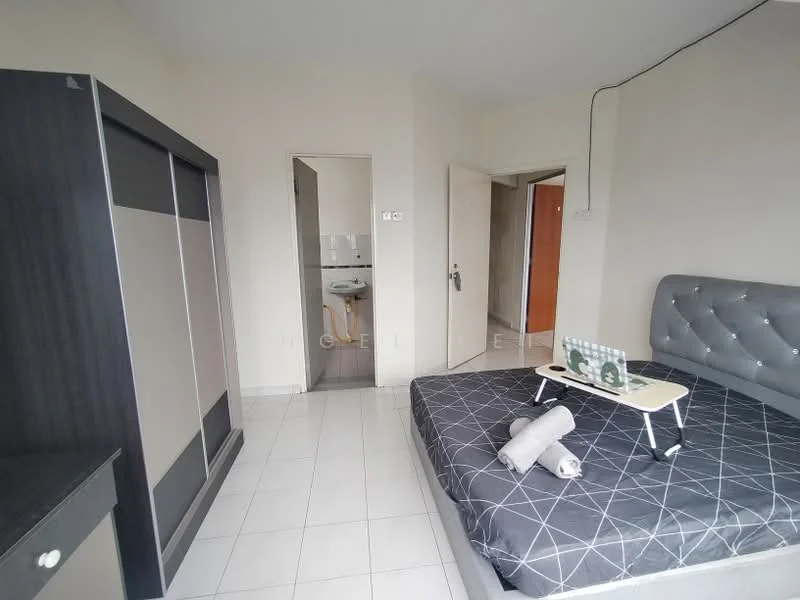 Bedroom features: queen-size bed, upholstered headboard, grey bedding, white walls, tile flooring, built-in wardrobe with sliding doors, small side table, decorative items on side table, doorway leading to bathroom, doorway leading to hallway; style: modern.