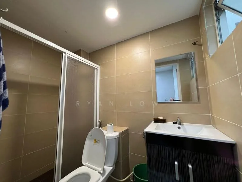 Bathroom features: glass shower enclosure, white toilet, single-sink vanity with dark wood cabinet, mirror above sink, beige tiled walls, dark tiled flooring, overhead lighting, window for natural light; style: modern.