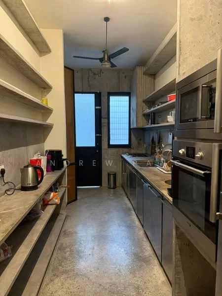 Kitchen features: concrete walls, grey cabinetry, stainless-steel appliances, built-in oven, microwave, kettle, sink, countertop with storage, open shelving, pendant light, ceiling fan, floor-to-ceiling windows, sliding glass door; style: modern.