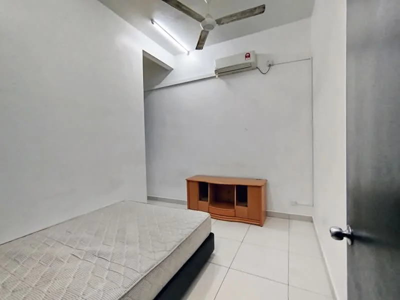 Bedroom features: white painted walls, tile flooring, 5-blade ceiling fan, wall-mounted split AC, built-in wooden cabinet, single bed mattress, natural light from window, minimalist decor; style: minimalist.