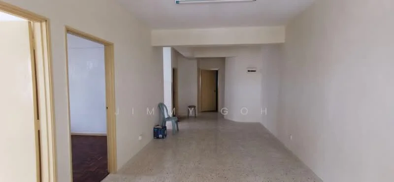 Room features: white painted walls, polished concrete flooring, ceiling lights, doorway leading to another room, doorway leading to hallway, air conditioning unit on wall, neutral color scheme; style: modern.