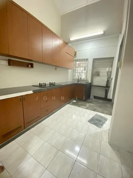 Kitchen features: brown wooden cabinetry, white tiled backsplash, black countertop, stainless-steel gas hob, single-bowl stainless-steel sink, chrome pull-down faucet, window with security grille, grey tiled flooring, overhead fluorescent lighting; style: modern.