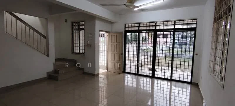 Living features: white painted walls, glossy ceramic tile flooring, ceiling fan, large glass sliding doors, security grilles on windows, natural light from windows, staircase leading to upper floor, open layout, neutral color scheme; style: modern; view: garden.