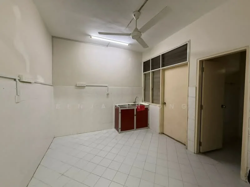 Kitchen features: white painted walls, white tiled flooring, ceiling fan, single-bowl stainless-steel sink, red cabinetry, window with grid, door to adjacent room.