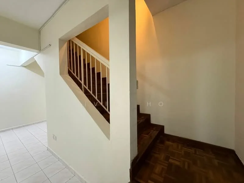 Room features: staircase with wooden steps, white painted walls, tile flooring, parquet wood flooring, natural light from window, handrail on staircase, corner wall with cut-out, light fixture on ceiling; style: modern.