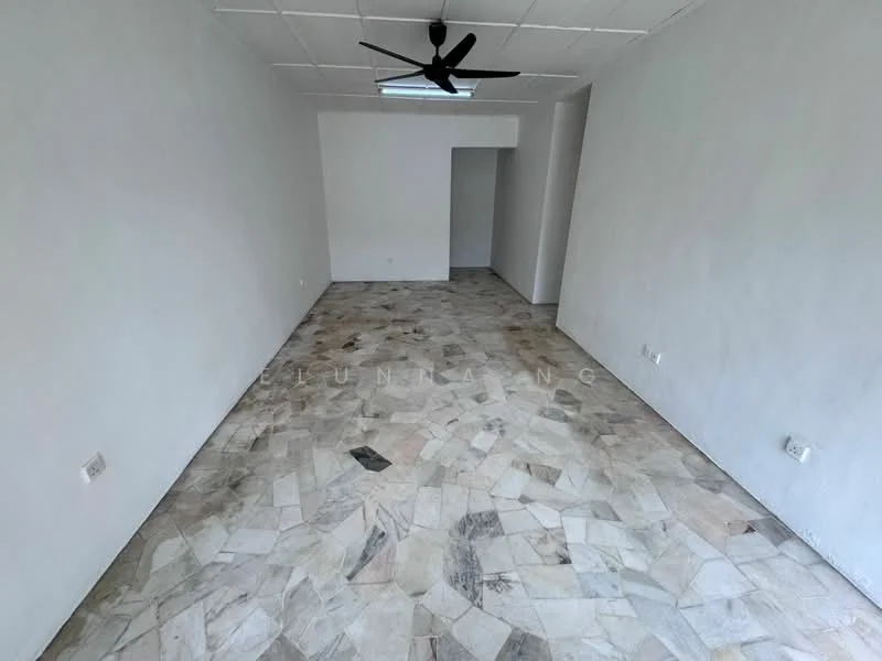 Room features: white painted walls, ceiling fan, marble flooring, natural light from skylight, no visible furniture, plain ceiling, empty space, neutral color scheme; style: minimalist.