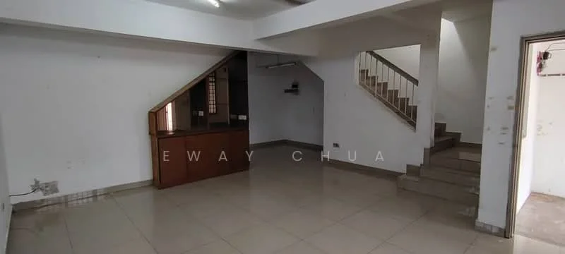 Room features: white painted walls, tile flooring, staircase leading to upper floor, built-in wooden cabinetry, recessed ceiling lights, open layout, large windows, corner wall with sloped design; style: modern.