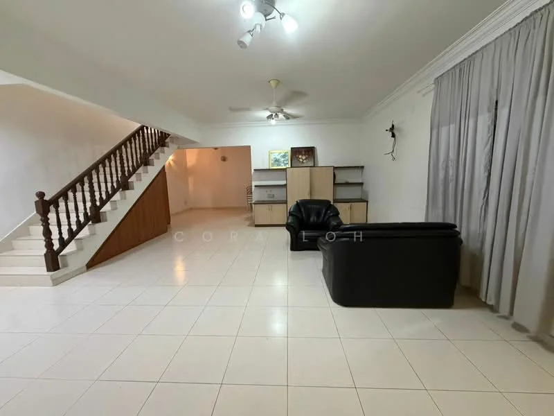 Living features: white painted walls, ceramic tile flooring, ceiling fan with light, 3-seater leather sofa, wooden staircase, curtains, built-in shelving unit, recessed lighting; style: modern.