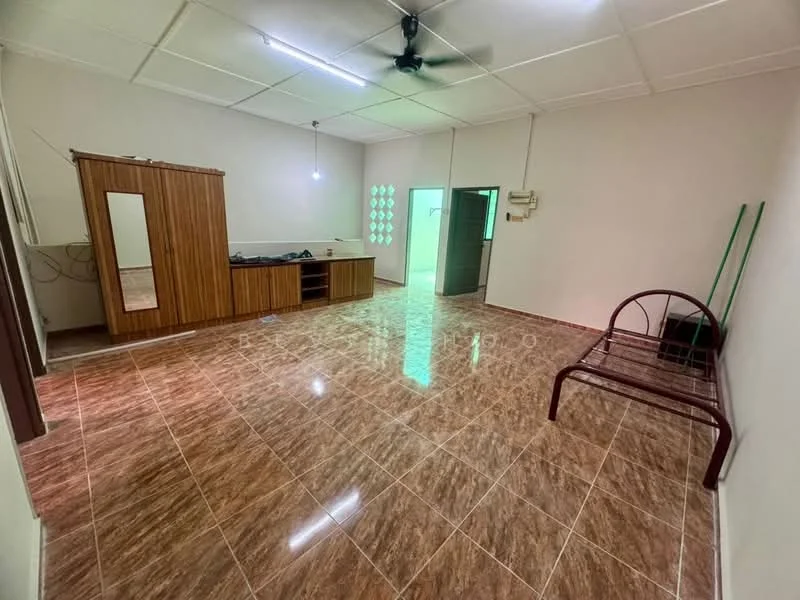 Room features: glossy ceramic tile flooring, plain white walls, ceiling fan, wooden cabinet with mirror, built-in shelving, single metal bench, doorway leading to another room, green wall-mounted hooks; style: modern.