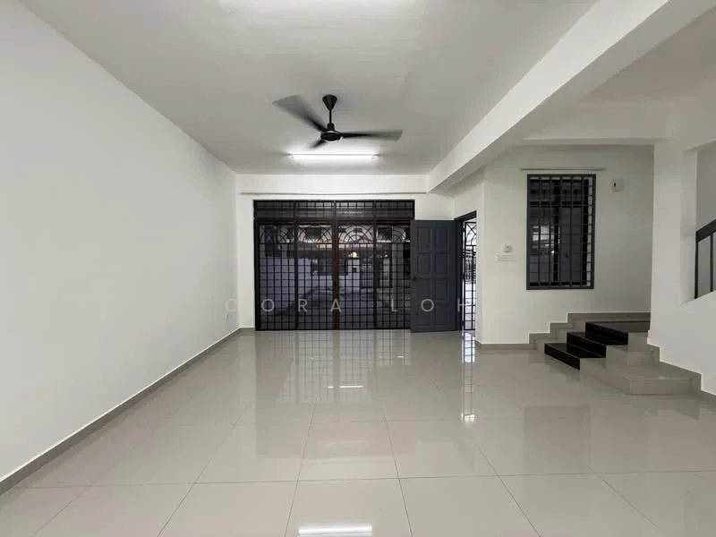 Living features: white painted walls, polished ceramic tile flooring, 5-blade ceiling fan, large sliding glass door, black security grille, staircase with black steps, window with security bars, open layout; style: modern.