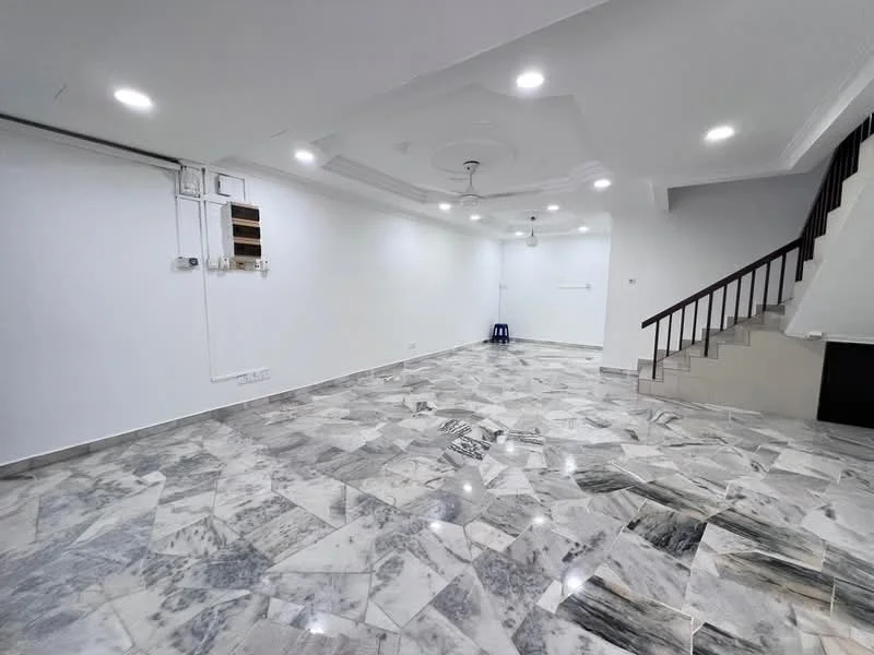 Room features: white painted walls, marble flooring, recessed downlights, ceiling rose, staircase with wooden railing, open space layout, air conditioning unit, multiple electrical outlets; style: modern.