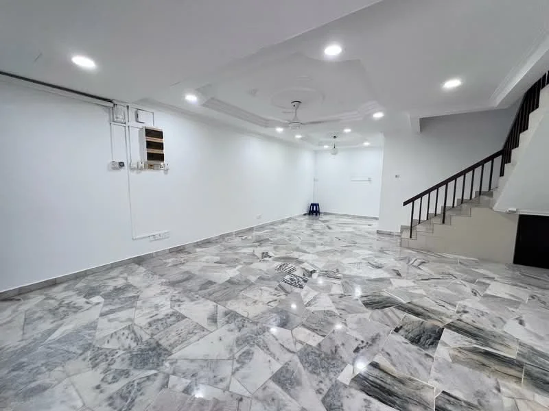 Room features: white painted walls, marble flooring, recessed downlights, tray ceiling, staircase with wooden railing, open space layout, multiple light fixtures, no visible furniture; style: modern.