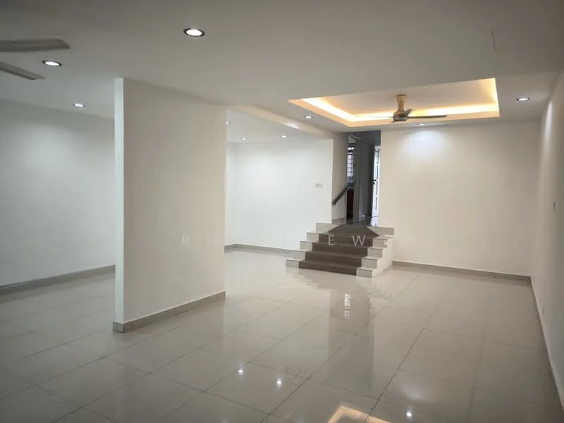 Room features: white painted walls, glossy ceramic tile flooring, recessed downlights, ceiling fan, staircase with steps, open layout, neutral color scheme, no visible furniture; style: modern.