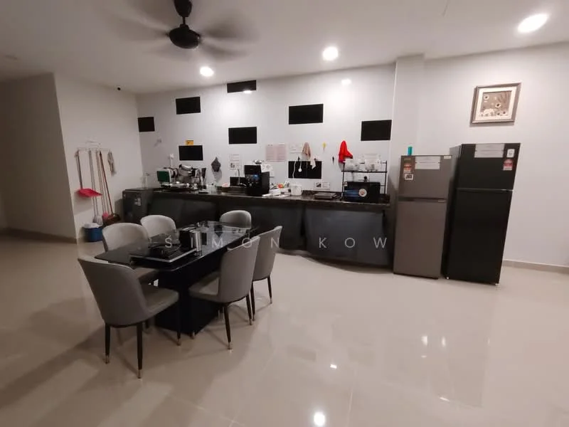 Kitchen features: black dining table with 6 chairs, stainless-steel fridge, built-in kitchen cabinets, black countertop, kitchen sink, wall-mounted cabinets, ceramic tile flooring, recessed lighting, ceiling fan, open layout, kitchen appliances visible, broom and mop storage area; style: modern.