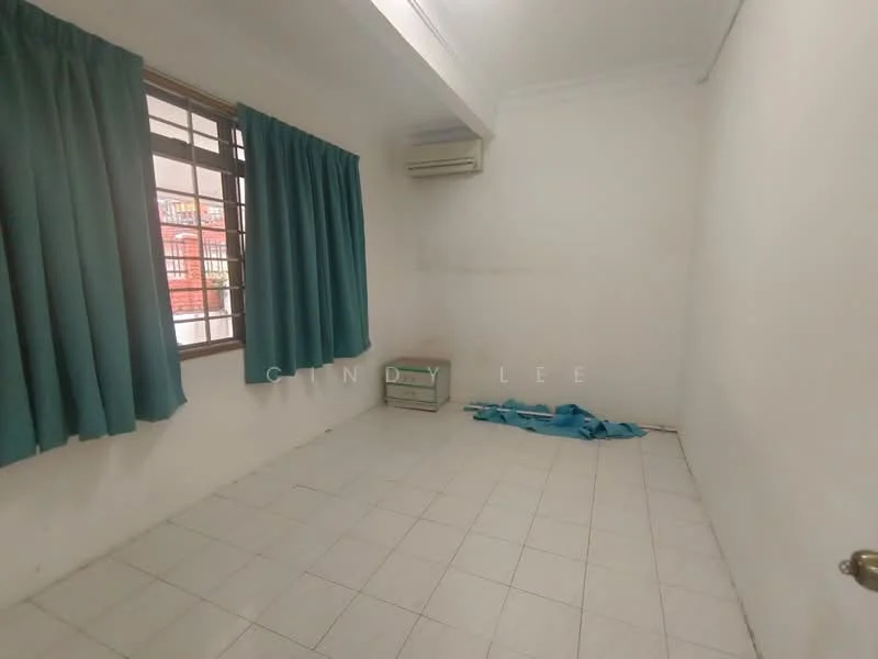 Room features: white painted walls, white tiled flooring, window with grid pattern, curtains in teal, 1 wall-mounted split AC, empty space, no visible furniture.