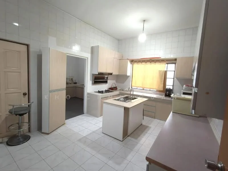Kitchen features: light wood cabinetry, white tiled walls, white tiled flooring, island countertop with built-in sink, stainless-steel sink, chrome faucet, built-in oven, stainless-steel refrigerator, window with beige roller blinds, pendant light fixture, bar stool at counter, microwave, kitchen appliances on countertop; style: modern.