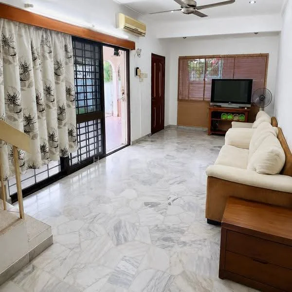 Living features: marble flooring, white painted walls, ceiling fan, sofa with beige upholstery, wooden coffee table, TV console, wall-mounted TV, floor-to-ceiling windows, sheer curtains, sliding glass door, decorative wall fan, wooden door; style: modern; view: garden.