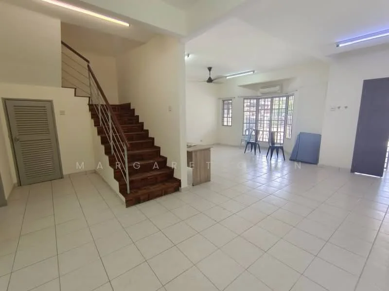 Living features: white painted walls, tile flooring, ceiling fan, large windows, natural light, open layout, dining area, air conditioning unit; style: modern. Room features: staircase with wooden steps, metal railing, storage closet.