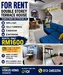Living features: blue fabric sofa, coffee table, wall-mounted TV, decorative wall art, area rug, laminate flooring, white painted walls, ceiling fan with light, large window with sheer curtains; style: modern.