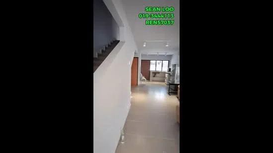 Room features: white painted walls, grey tiled flooring, staircase with wooden steps, recessed downlights, large window for natural light, open space layout, neutral color scheme, minimalist design; style: modern.