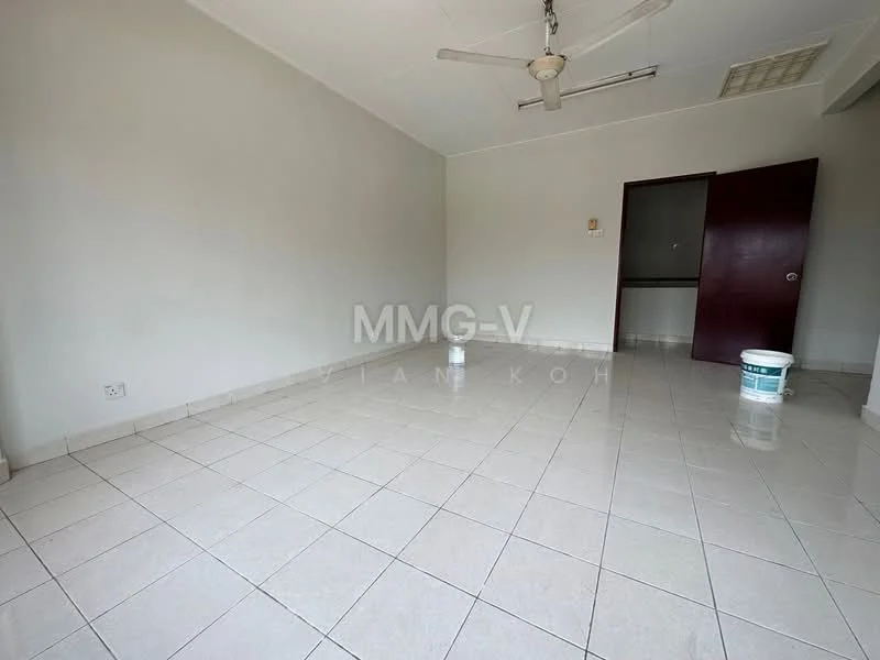 Room features: white painted walls, ceramic tile flooring, ceiling fan, single door, empty space, bucket on floor.