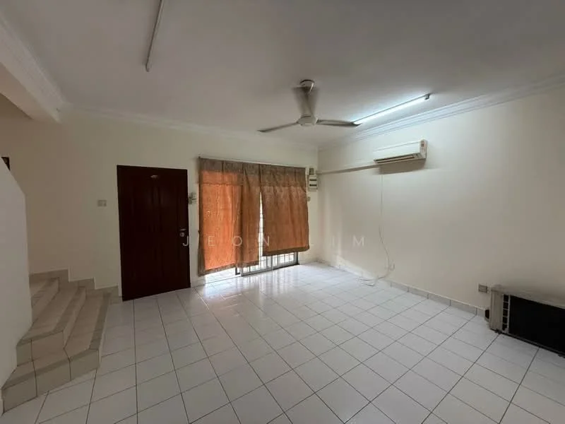 Living features: white painted walls, white tiled flooring, 5-blade ceiling fan, wall-mounted air conditioning unit, large window with sheer curtains, sliding glass door, curtains, corner for staircase, built-in storage unit.