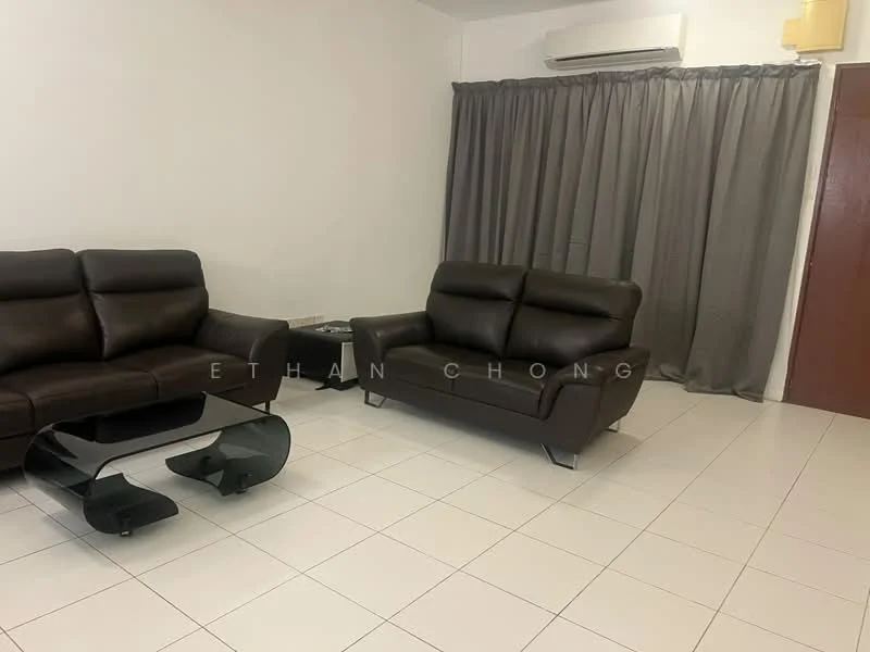 Living features: 2-seater leather sofa in dark brown, 3-seater leather sofa in dark brown, glass coffee table, white tiled flooring, grey curtains, wall-mounted split AC, plain white walls, wooden door; style: modern.