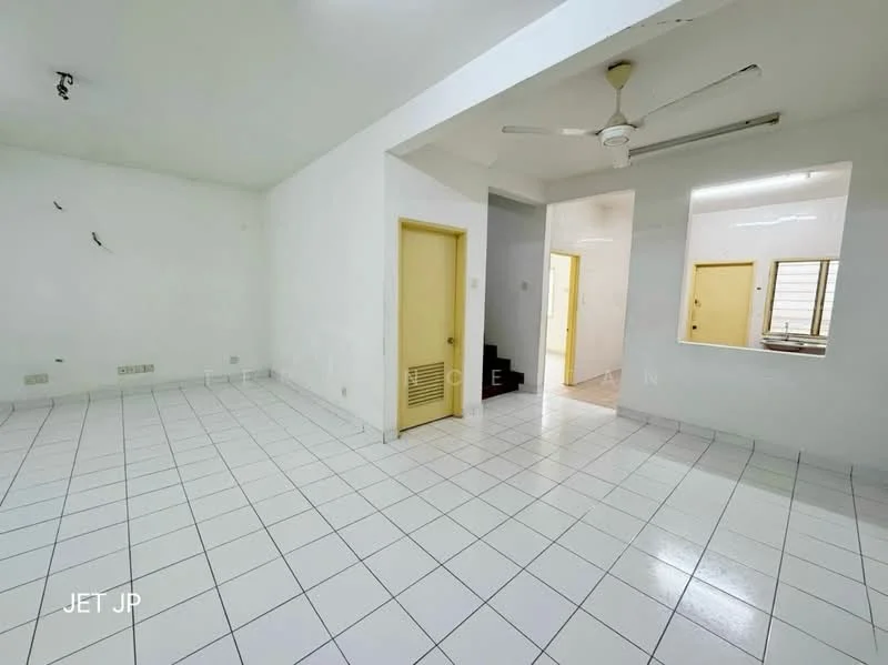 Room features: white painted walls, white tiled flooring, ceiling fan, door with yellow frame, door with vent, doorway leading to another room, staircase visible in background, window with natural light; style: minimalist.