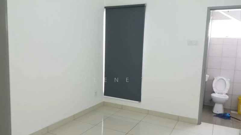 Room features: white painted walls, glossy ceramic tile flooring, roller blinds, visible bathroom door, toilet visible in adjacent room.