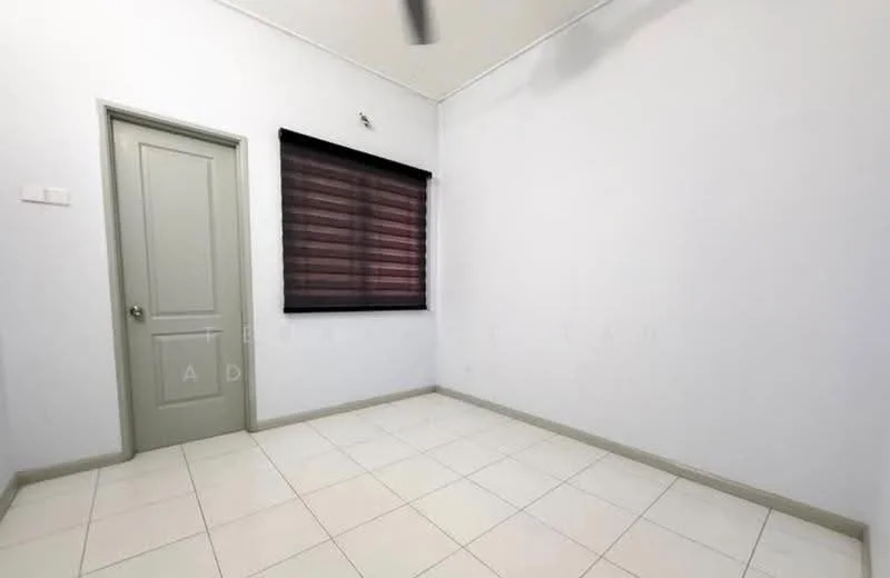 Room features: white painted walls, tile flooring, single door, window with dark roller blinds, ceiling fan.