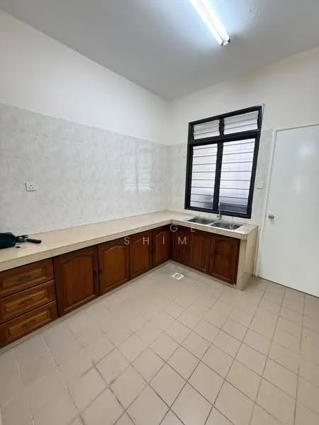 Kitchen features: brown wooden cabinetry, light-colored countertop, single-bowl stainless-steel sink, chrome faucet, white tiled backsplash, cream painted walls, tile flooring, window with horizontal slats, fluorescent ceiling light.