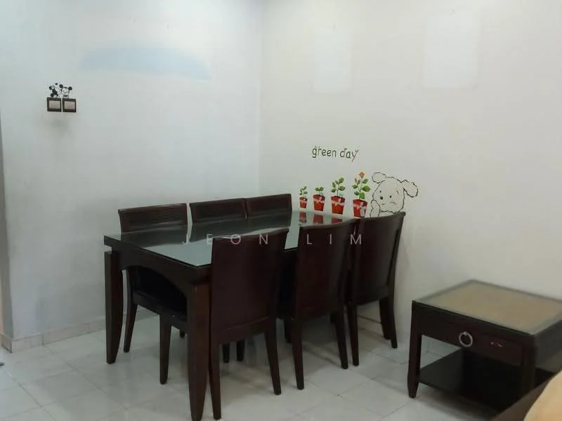 Dining features: 6-seater dining table with glass top, dark wood dining chairs, white painted walls, tile flooring, decorative wall art with plants, decorative wall art with dog illustration, side table with drawer; style: modern.