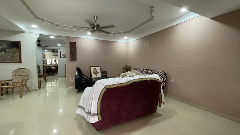 Living features: cream painted walls, tray ceiling, recessed downlights, 5-blade ceiling fan, polished floor tiles, sofa in burgundy fabric, wooden coffee table, decorative wall art, armchair in black, open layout to dining area; style: modern.