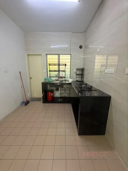 Kitchen features: black granite countertop, white tiled backsplash, single-bowl stainless-steel sink, chrome pull-down faucet, built-in shelving unit, white painted walls, tile flooring, window with natural light, door leading to another room; style: modern.