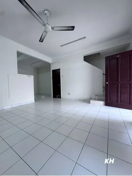Living features: white painted walls, white tiled flooring, 5-blade ceiling fan, recessed ceiling lights, staircase leading to upper floor, double-door wooden entrance, open layout, large windows for natural light; style: modern.
