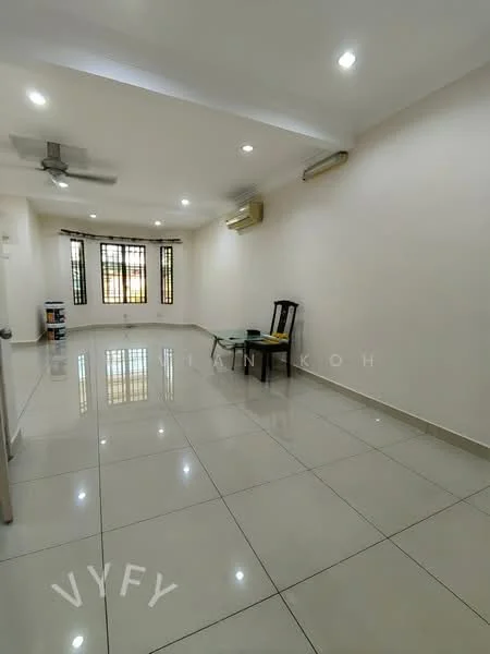 Living features: glossy ceramic tile flooring, white painted walls, recessed downlights, 5-blade ceiling fan, 2 wall-mounted split AC units, large windows with black metal grilles, single wooden chair, small side table, open layout, neutral color scheme; style: modern.